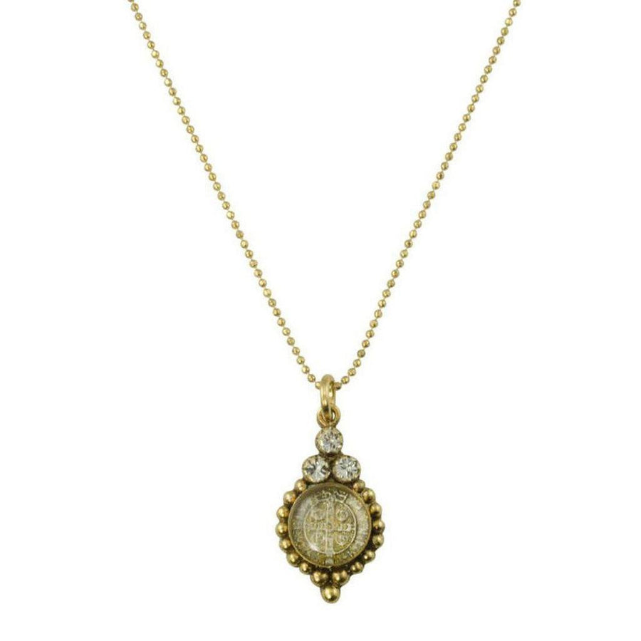 Joanna San Benito Necklace: Gold chain, clear crystal accents, antique gold medallion pendant.