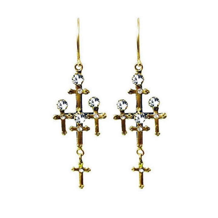 Gold Judgement earrings featuring multiple clear crystal-embellished crosses.