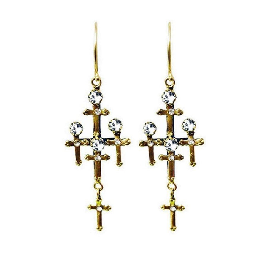 Gold Judgement earrings featuring multiple clear crystal-embellished crosses.
