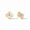 Colette stud earrings in 24K gold plate with mother of pearl, a central blue CZ stone, and a clover-inspired design.