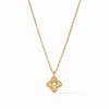 Theodora delicate 24K gold-plated necklace featuring a textured quatrefoil pendant with a central CZ stone on a slender chain.