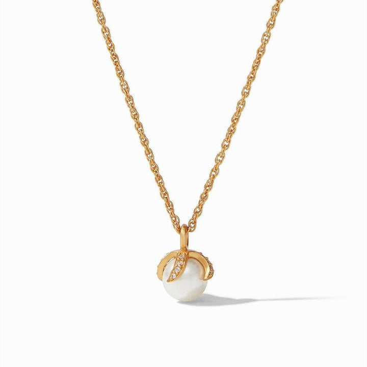 Juliet Delicate Necklace: Gold chain, pearl pendant with diamond accents.
