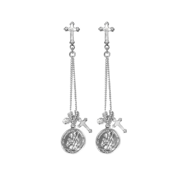 Silver Justice cross earrings with St. Christopher medal charms