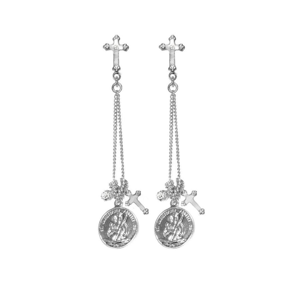 Silver Justice cross earrings with St. Christopher medal charms