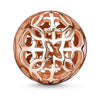 Rose gold Karma Bead Arabesque charm; intricate, spherical design.