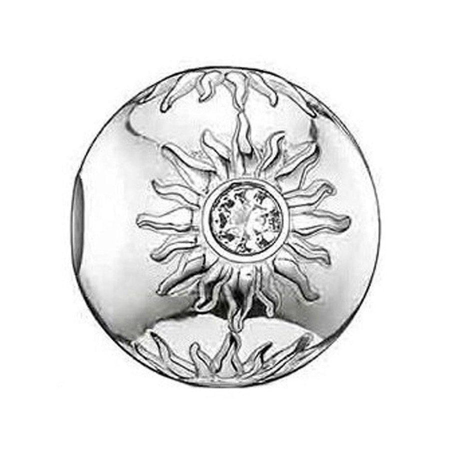 Karma Bead Sun charm: Silver bead featuring a detailed sun design with a clear cubic zirconia center.