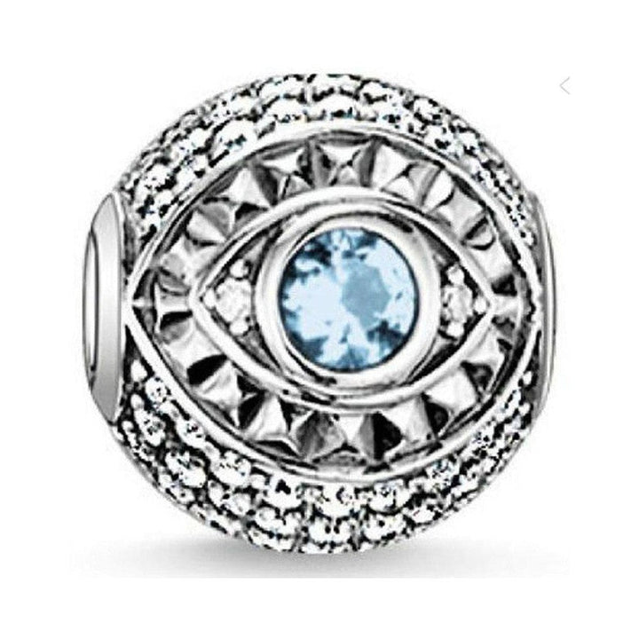 Silver Karma Nazar Eye bead with light blue crystal, detailed design.