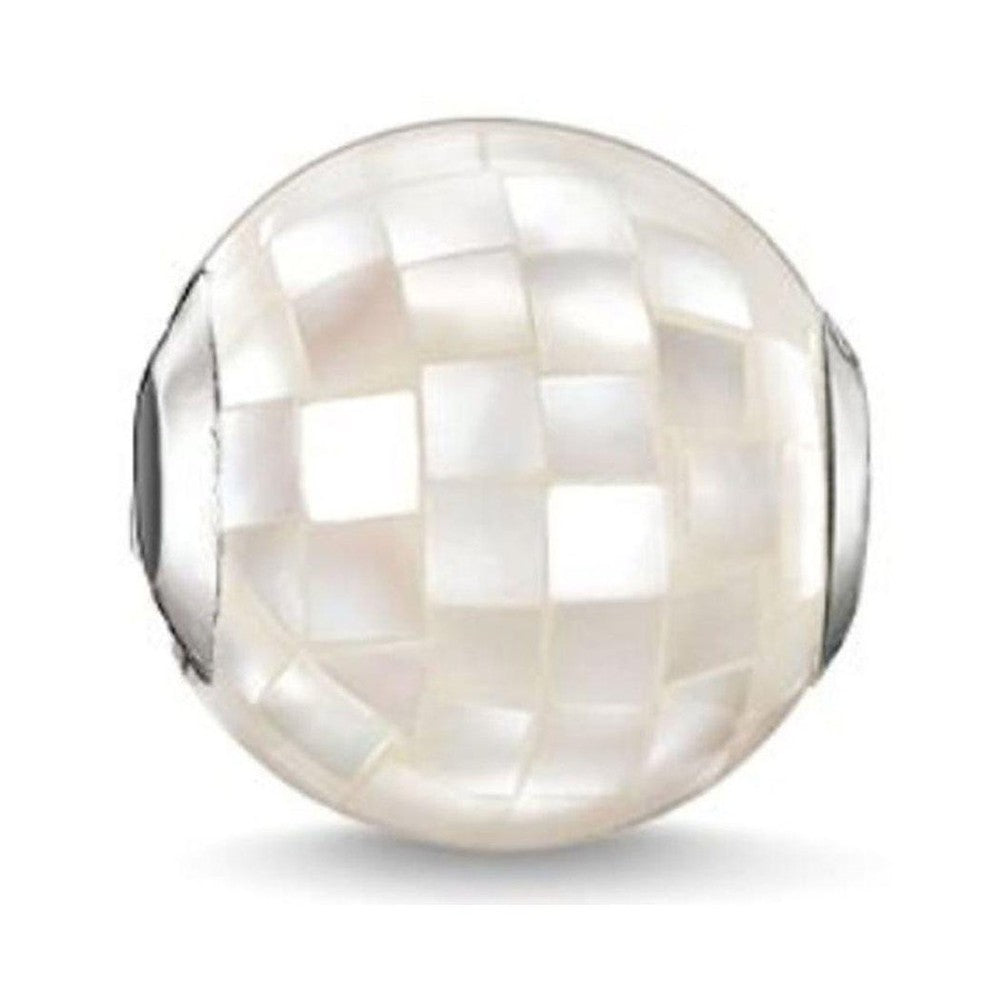 Karma White Mother-of-Pearl Bead: Elegant white mother-of-pearl bead with a checkered pattern, sterling silver accents.