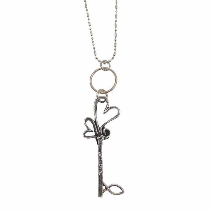 Silver key necklace with intertwined hearts, delicate chain.