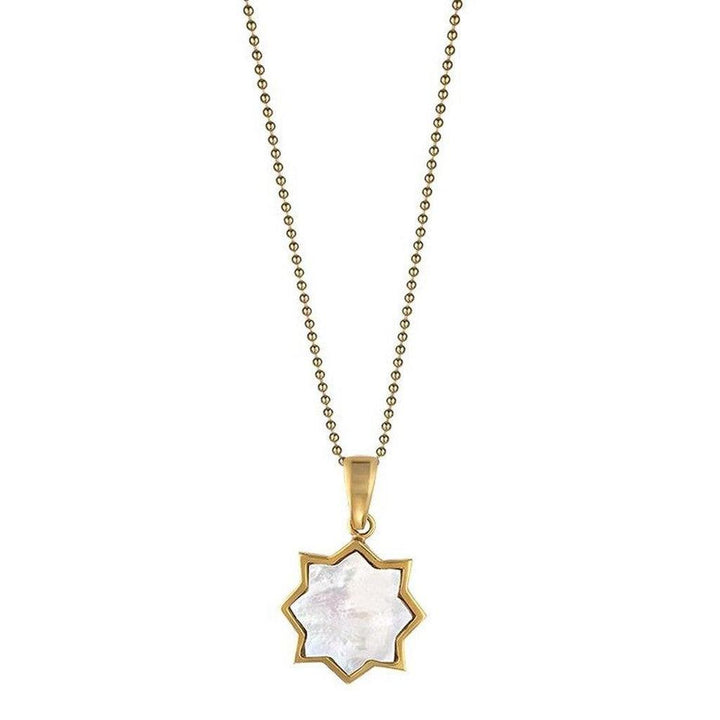 Gold necklace featuring an eight-pointed star charm with a white pearl inlay.