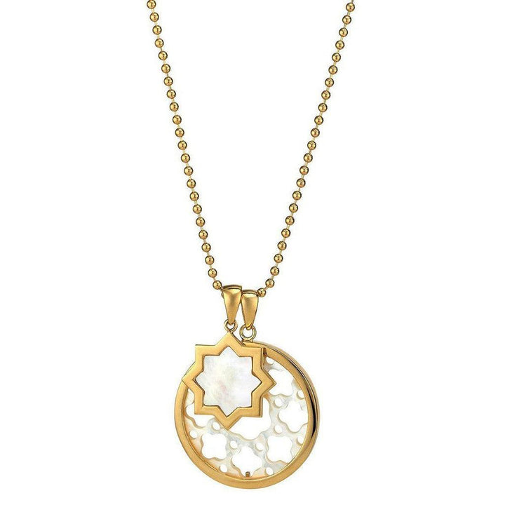 Gold necklace with a round, ornate pendant featuring a mother-of-pearl inlay.
