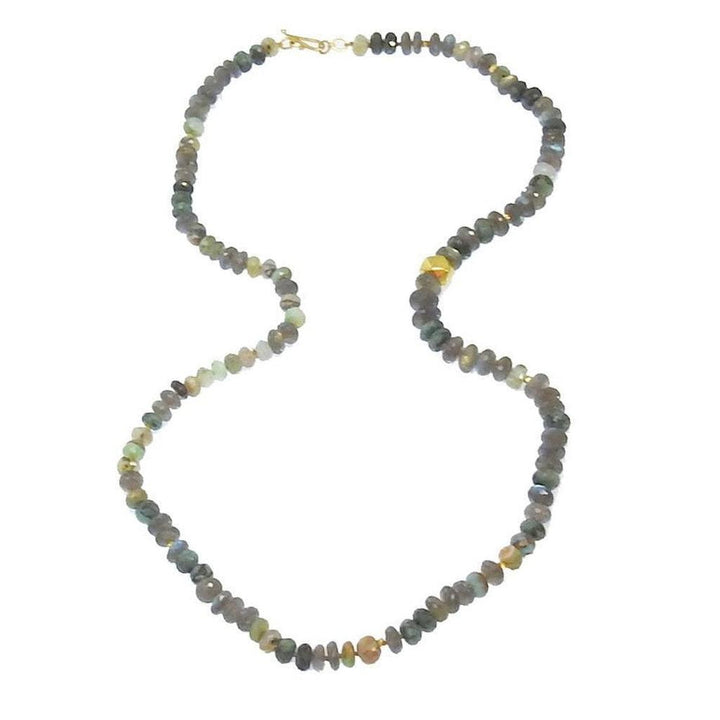 Grey and green gemstone beaded necklace with gold accents.