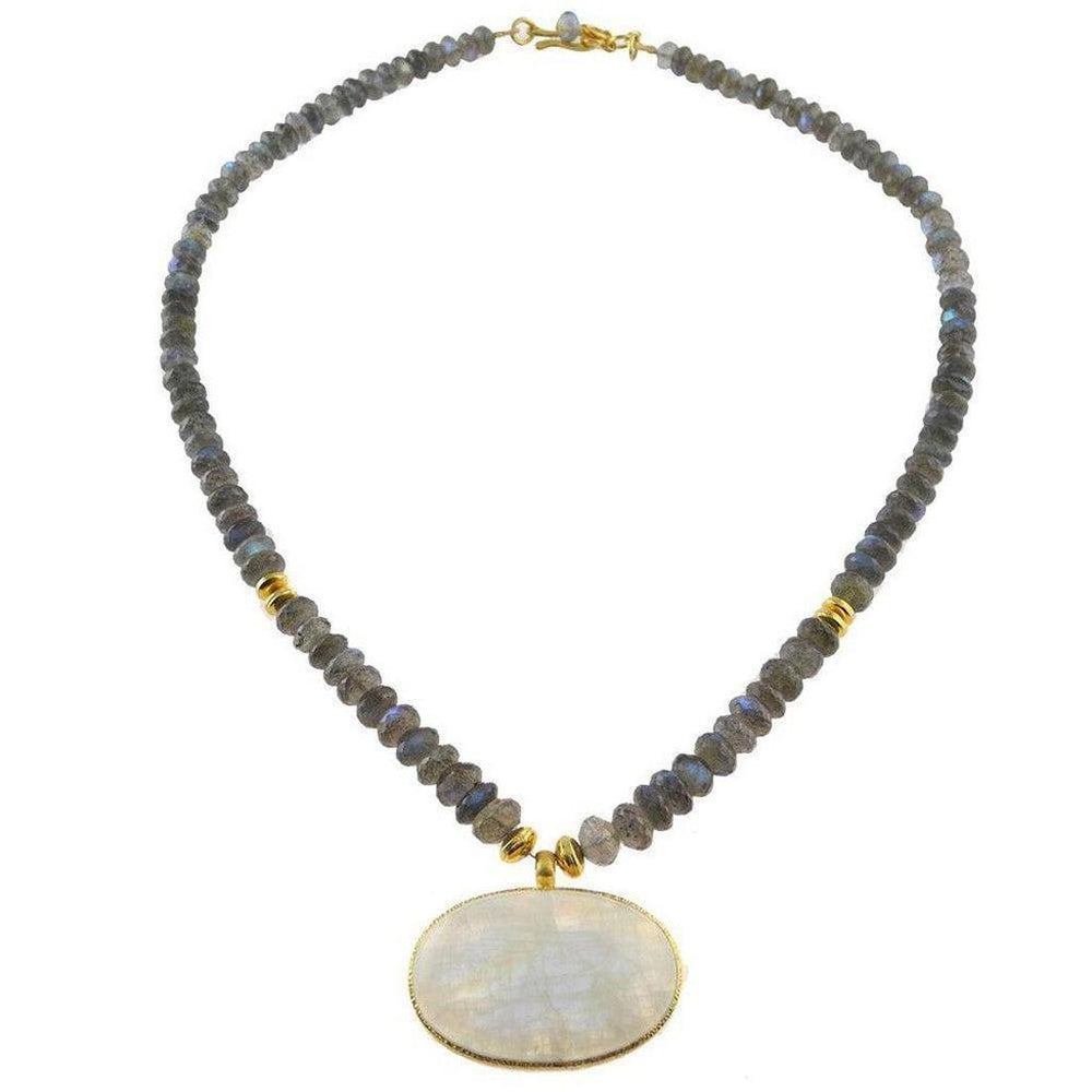 Elegant moonstone pendant necklace with labradorite beads and gold accents.