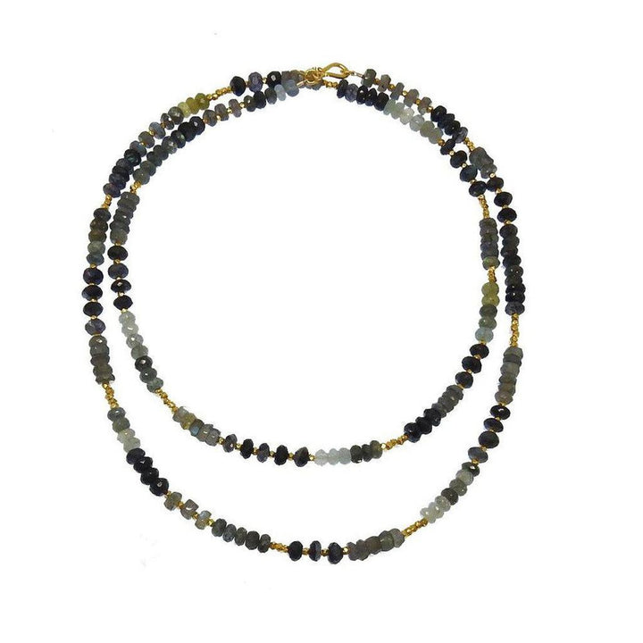 Double-strand necklace featuring labradorite and moss aqua gemstone beads with gold spacers.