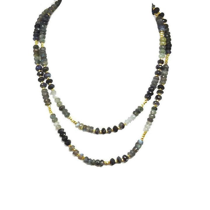 Labradorite with Moss Aqua double strand necklace, featuring faceted gemstone beads & gold spacers.