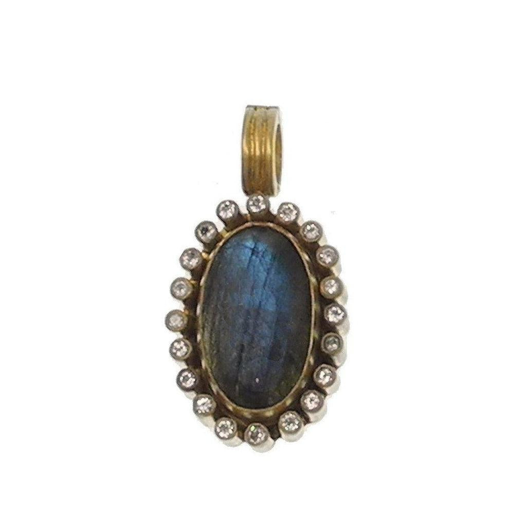 Labradorite necklace enhancer: Oval blue labradorite gemstone framed by shimmering diamonds, gold setting.