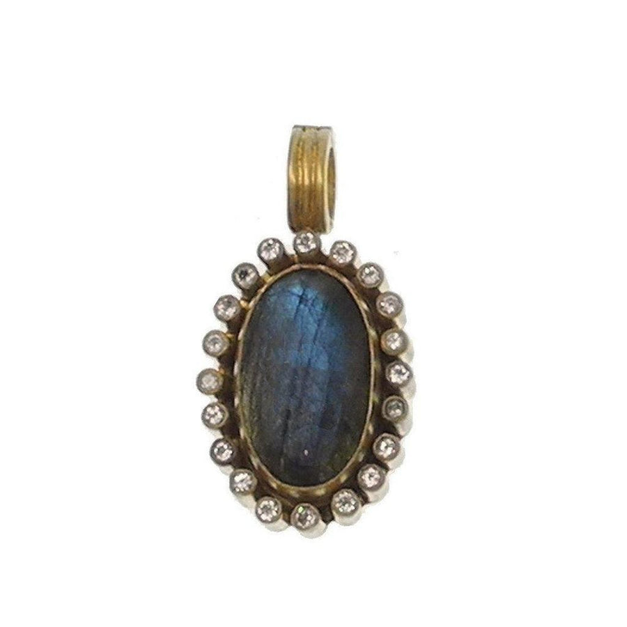 Labradorite necklace enhancer: Oval blue labradorite gemstone framed by shimmering diamonds, gold setting.