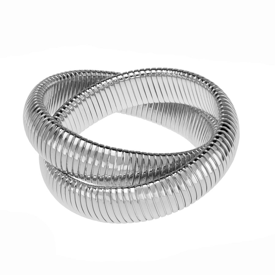 Double Cobra Rhodium Bracelet: Large, polished silver, interlocking design.