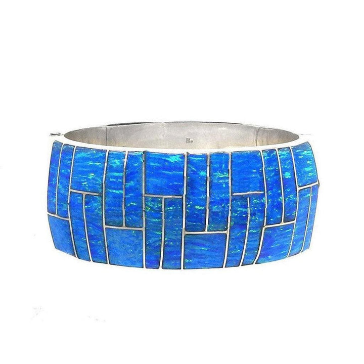 Large blue opal inlaid sterling silver bracelet