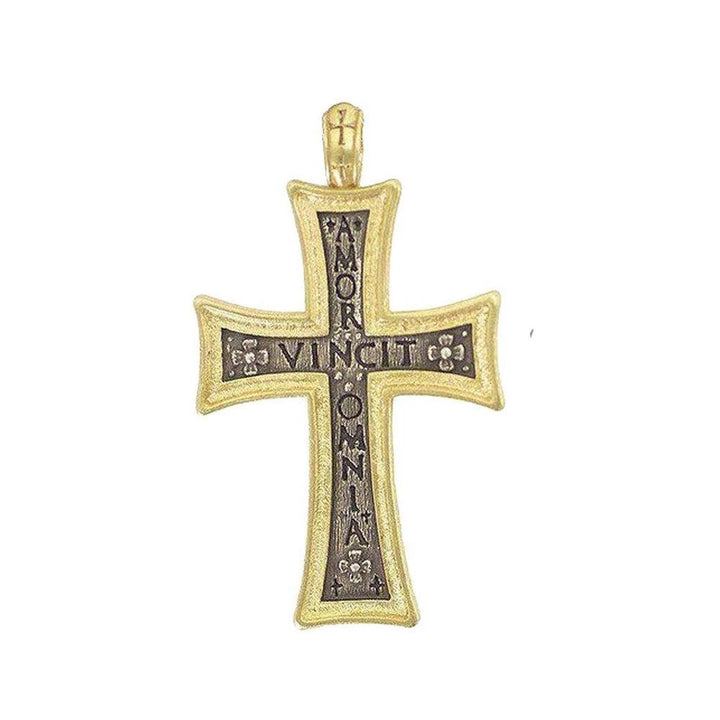 Large ornate gold and black "Amor Vincit Omnia" cross pendant; Love conquers all.