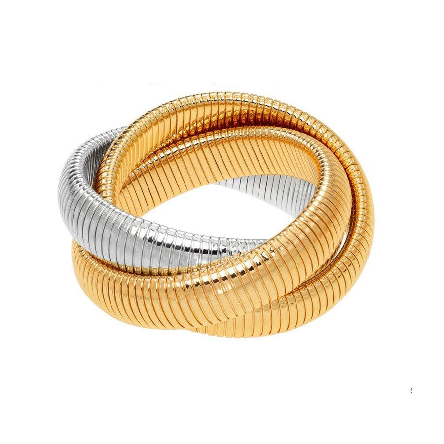Triple Twist Cobra Bracelet in gold and rhodium.