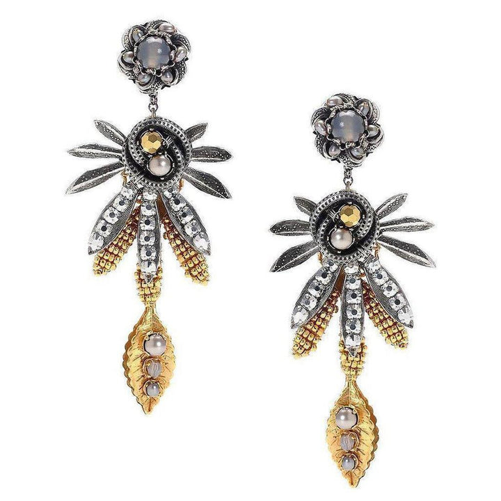 Leaf Bead Mixed Earrings: Gold and silver statement earrings with leaf and bead detailing.