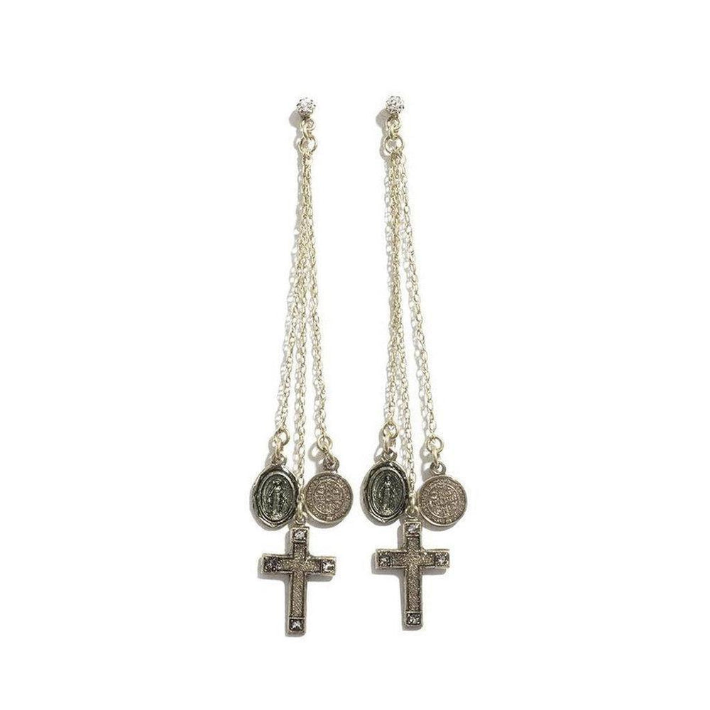 Gold chain earrings featuring cross and medal charms.
