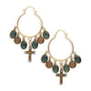 Les Celeste gold hoop earrings with teardrop charms and cross accents.