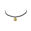 Les Celeste St. Christopher black leather choker with gold coin pendant.