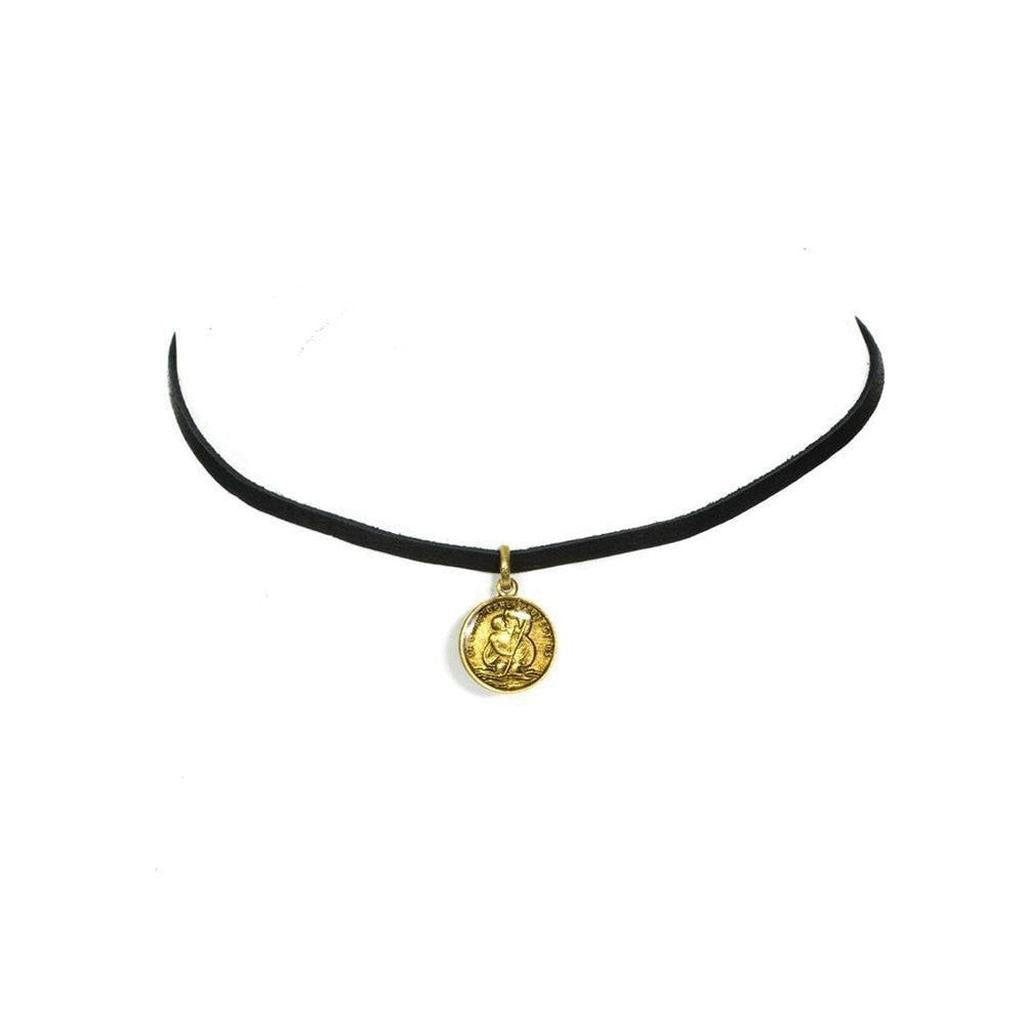 Les Celeste St. Christopher black leather choker with gold coin pendant.