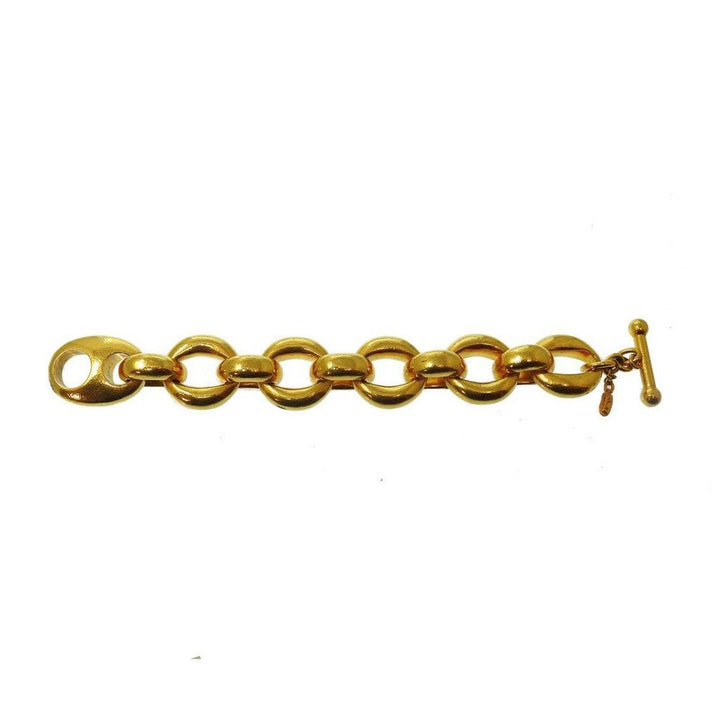 Gold link bracelet with chunky chain design.