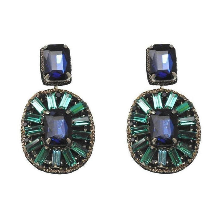 Lombardo Drop Earrings: Sapphire and emerald green crystal statement earrings.