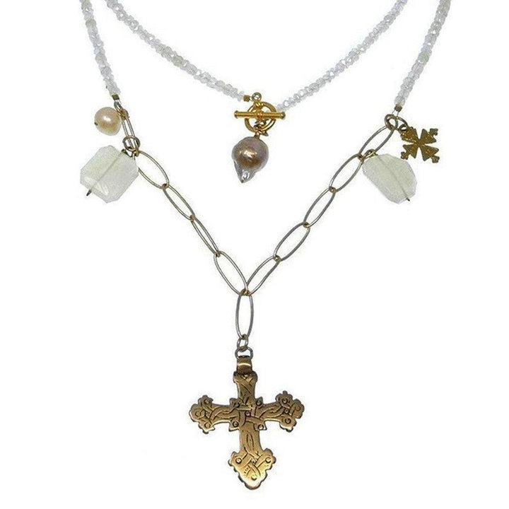 Long Ethnic Czech necklace with gold cross, pearls, and white beads.