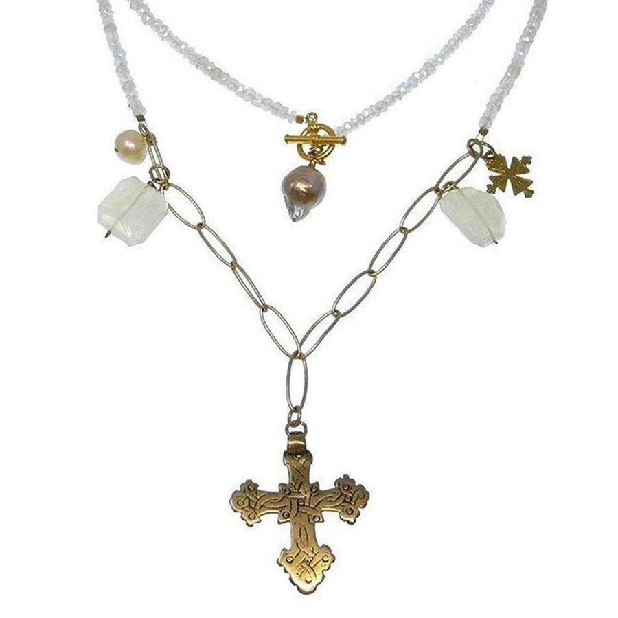 Long Ethnic Czech necklace with gold cross, pearls, and white beads.
