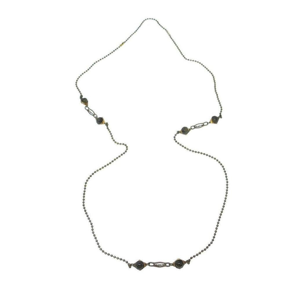 Long green jasper stone necklace with ball chain and gold accents.