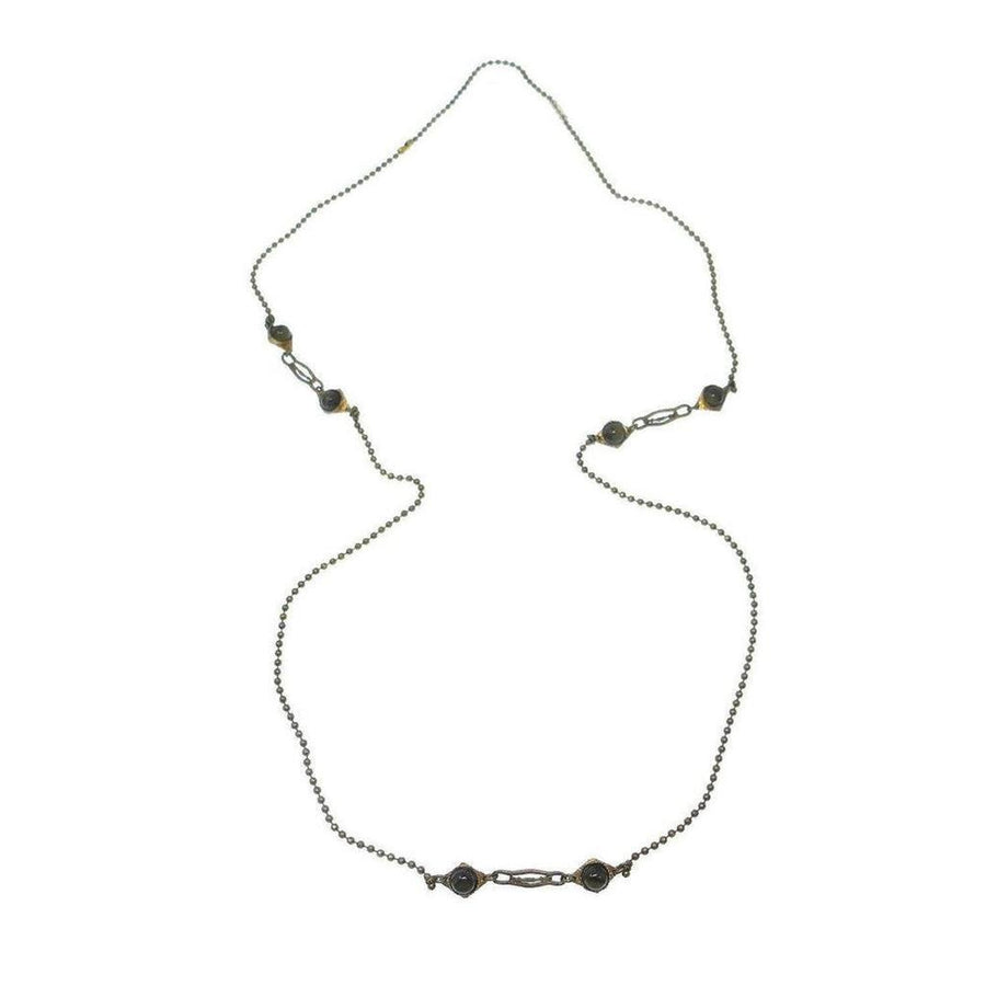 Long green jasper stone necklace with ball chain and gold accents.