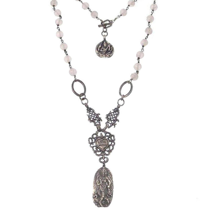 Love Heals Audrey necklace: Silver filigree, heart charm, & white stone beads.