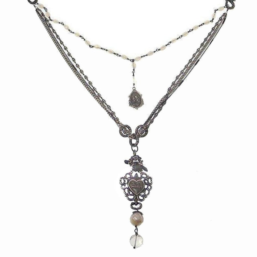 Love Heals Valeria necklace: layered chain, pearl accents, heart charm, antique silver finish.