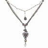Love Heals Valeria necklace: layered chain, pearl accents, heart charm, antique silver finish.