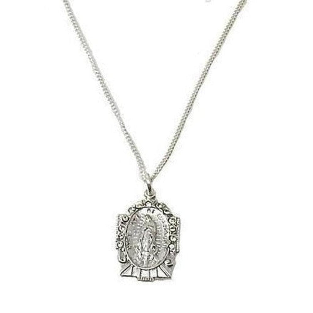 Silver Guadalupe charm necklace with ornate frame.