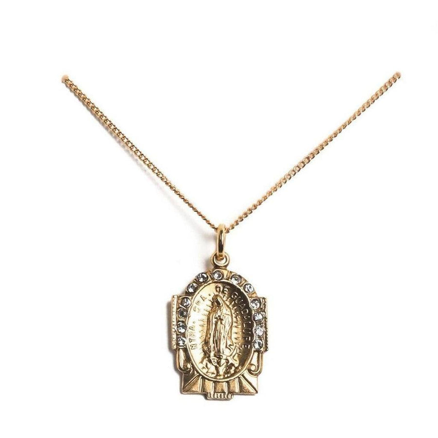 Gold Guadalupe charm necklace with clear cubic zirconia accents.