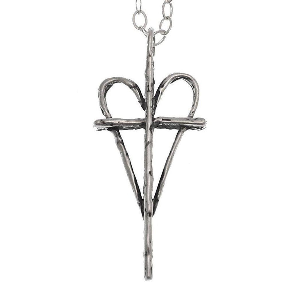Silver heart-shaped cross necklace with textured finish.