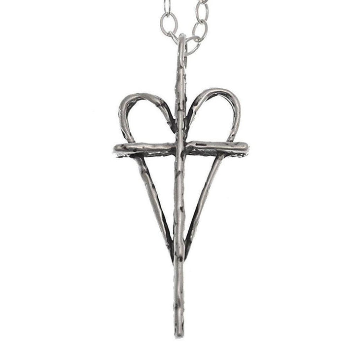 Silver heart-shaped cross necklace with textured finish.