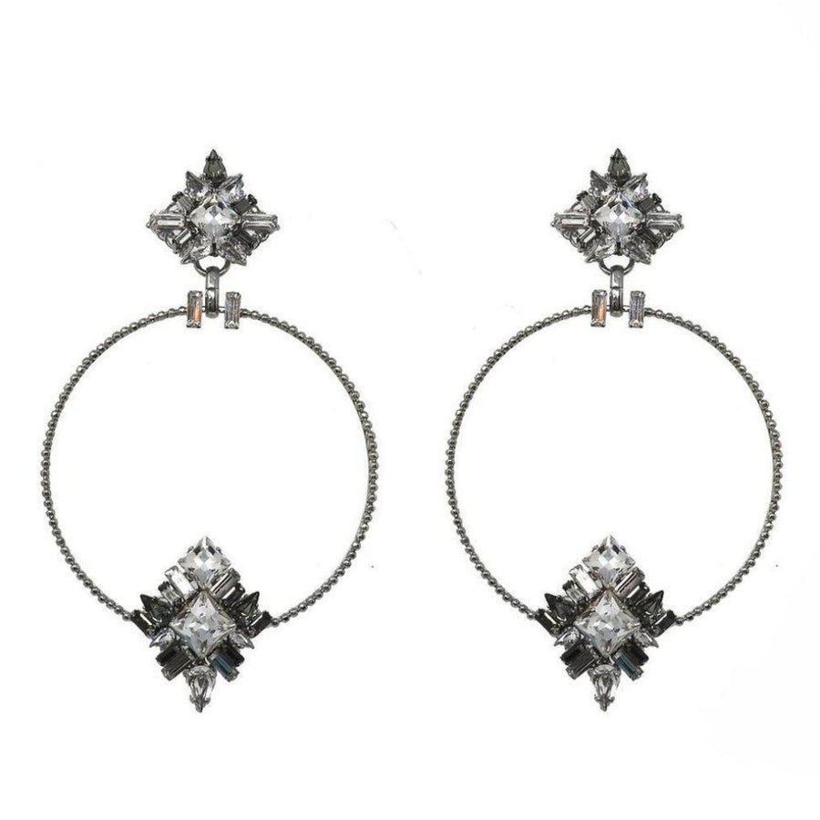 Lucy in the Sky crystal and silver hoop earrings with unique geometric design.