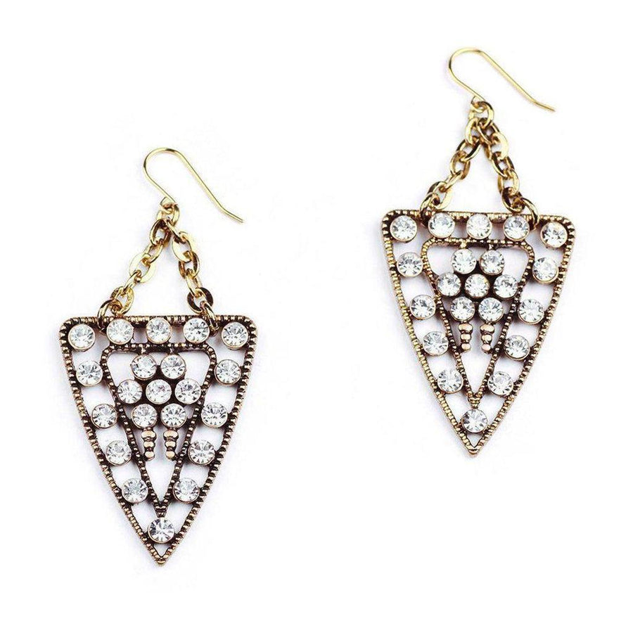 Lulu Frost Galaxy earrings: antique gold tone, triangle design, clear crystal accents.