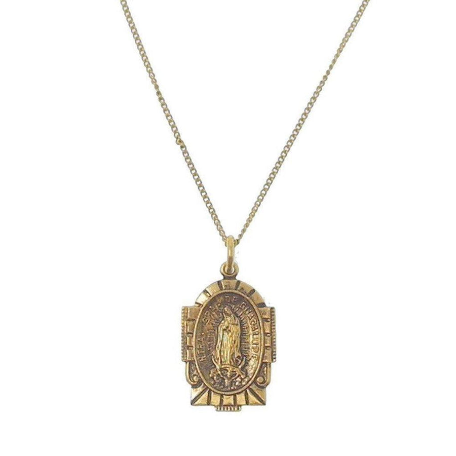 Gold Guadalupe Virgin Mary necklace pendant, ornate design.