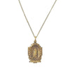 Gold Guadalupe Virgin Mary necklace pendant, ornate design.