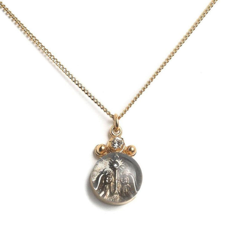 Luvie Guardian Angel Charm necklace: gold chain, round glass charm featuring angel image, accented with a diamond.