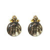 Luvie Guardian Angel Post Earrings: Silver & gold earrings with diamond accents and a detailed religious scene.