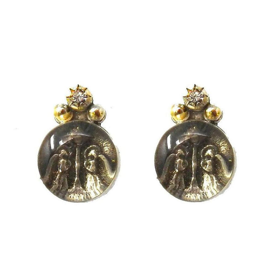 Luvie Guardian Angel Post Earrings: Silver & gold earrings with diamond accents and a detailed religious scene.